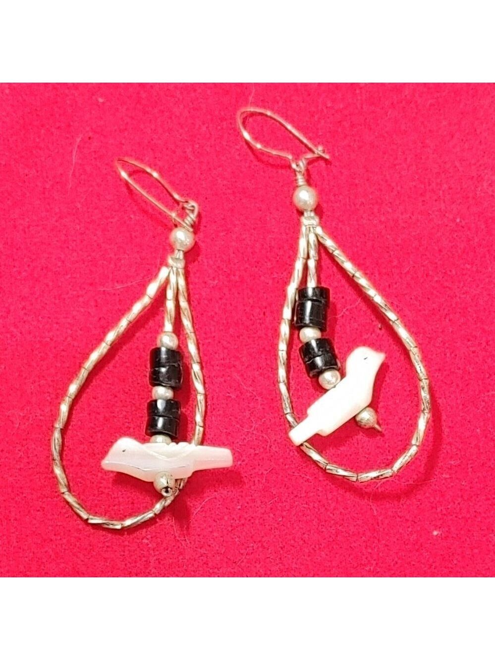 Native American Sterling Fetish Mother Of Pearl Birds Liquid Silver Hoop Earings